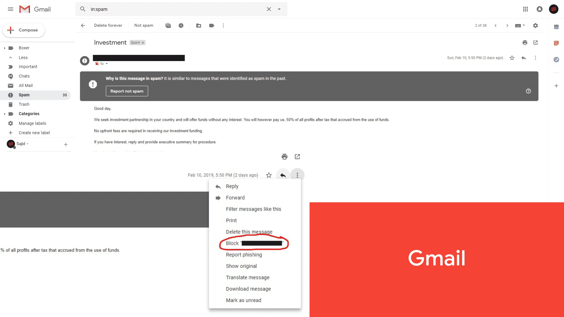 gmail block sender