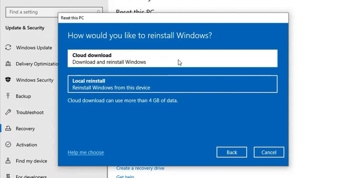 Cloud Download For Reinstallations - Windows 10 May 2020 Update (20H1)