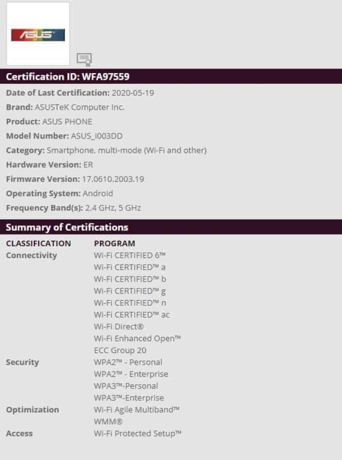 ASUS ROG Phone 3- WiFi Certification
