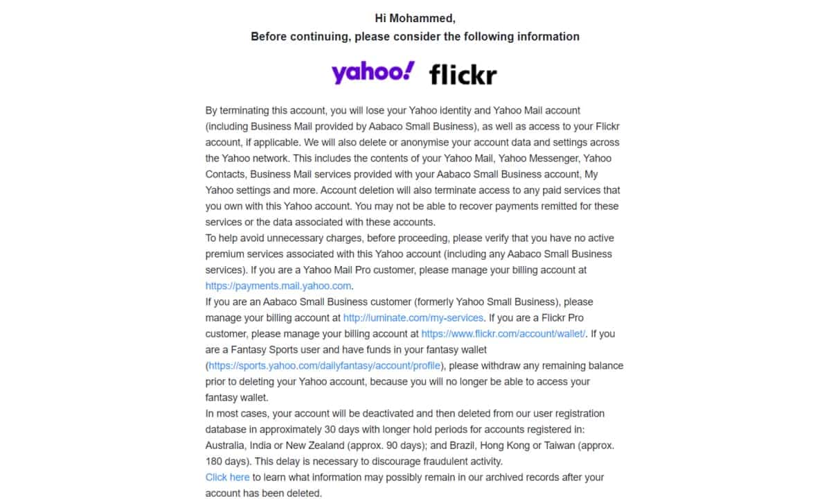 Terms and Conditions - "How to permanently delete your Yahoo mail"