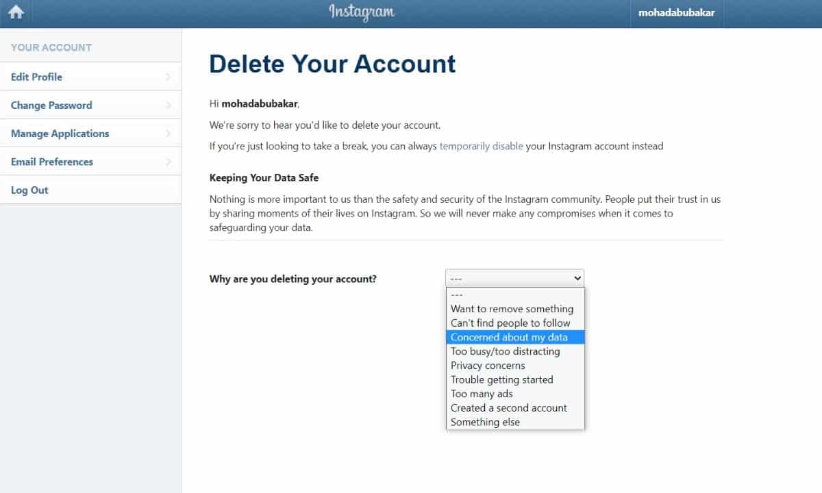 Delete Your Account Page - "How to delete Instagram Account"