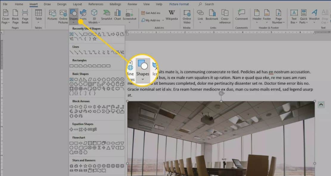 Use the Shapes Menu to Insert a Line in Word